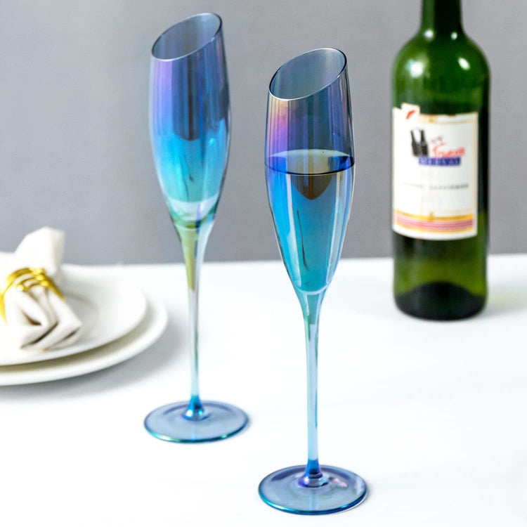 Set of 4, Blue Iridescent Champagne Glasses, Angled Stemmed Flute Glassware-MyGift