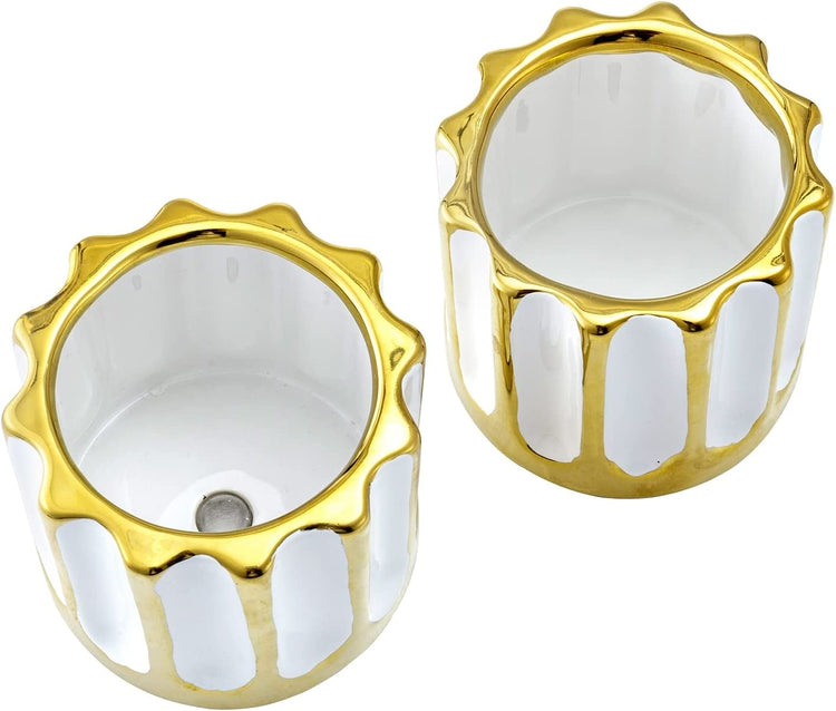 White and Gold Ceramic Fluted Planter Pot with Drainage Hole