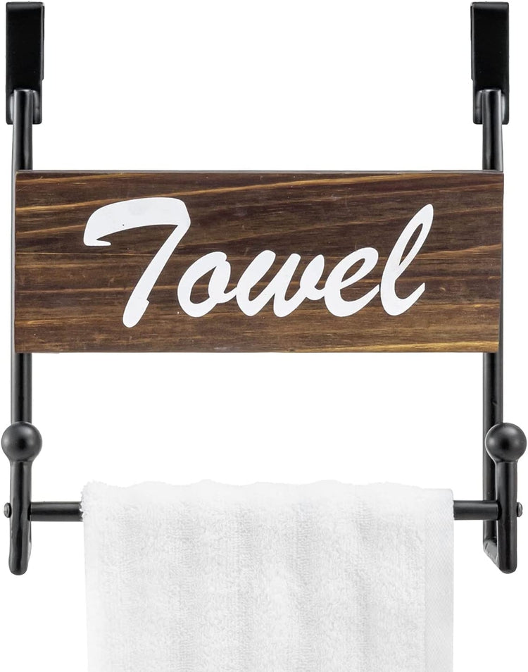 Black Metal and Brown Wood Over Cabinet Hand Towel Bar Holder