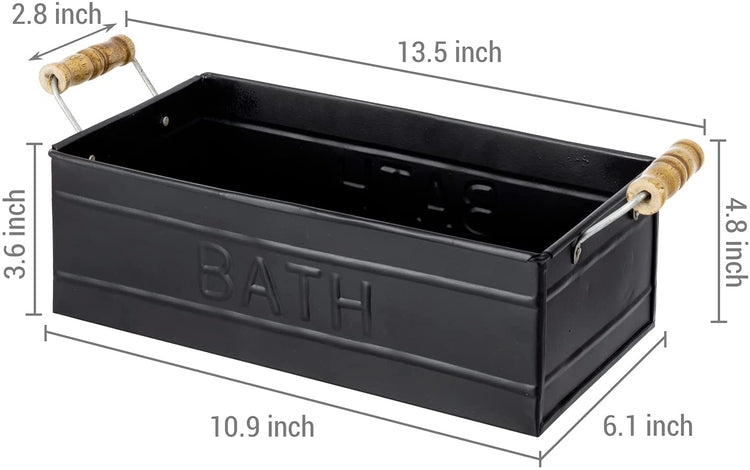 Matte Black Metal Bathroom Storage Basket with Wood Handles, Toiletries Holder Organizer Bin with Embossed BATH Label-MyGift