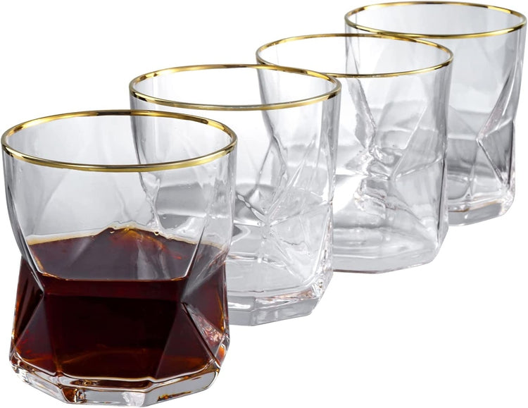 Geometric Shape Design Gold-tone Rimmed Whiskey Tumbler Glasses, Set of 4