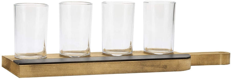 Gray & Burnt Wood Beer Flight Server Sampler Set with 4 Glasses and  Chalkboard Labels