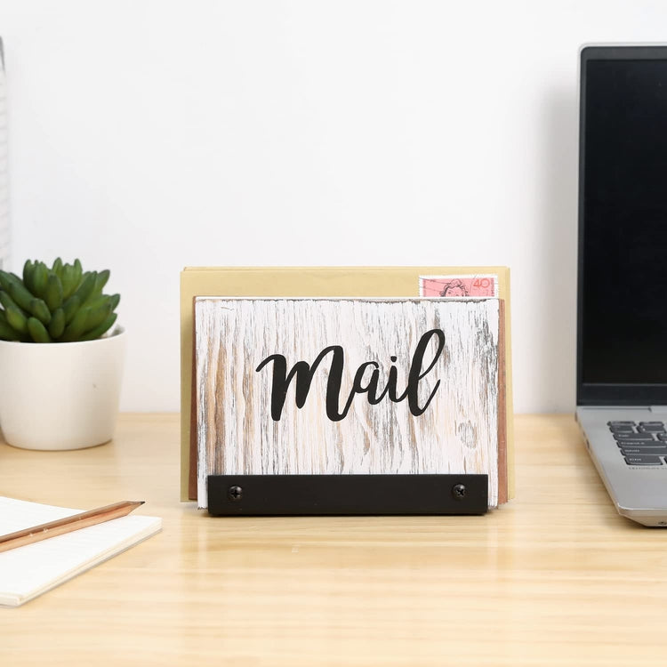 Mail Holder Letter Sorter, Desk Organizer in Whitewashed Wood and Matte Black Metal with MAIL Cursive Print-MyGift