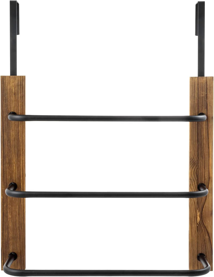 3 Tier Hanging Towel Bar, Bathroom Wood and Matte Black Metal Over The Door Towel Rack-MyGift