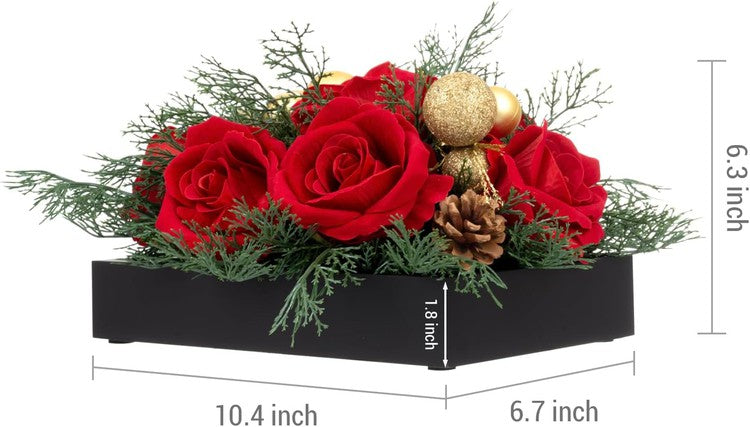 Tabletop Centerpiece Christmas Decoration, Artificial Red Rose Flowers, Cedar Picks, and Gold Tone Ornaments-MyGift