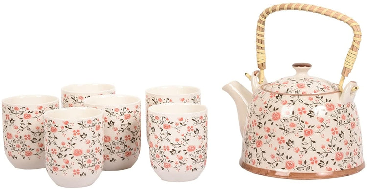 Ceramic Tea Kettle with Strainer Pink and Green Floral Painted Tea Pot 900  ml