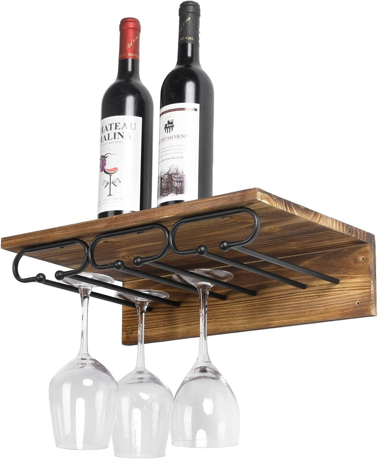 MyGift Countertop Wine Glass Stemware Holder Stand with Industrial Black Metal Double Racks and Wooden Base