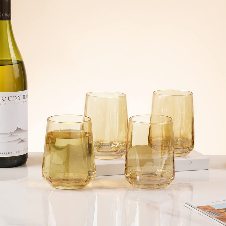 Set of 4, Geometric Clear Amber Smoke Tone Stemless Wine, Beverage Glasses-MyGift