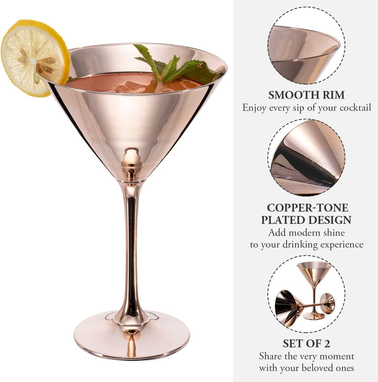 CmengAo Rose Gold Martini Glasses Set of 2, Copper Plated Stainless Steel  Martini Margarita Cocktail Glasses (8oz)