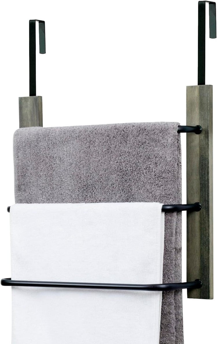 Over the Door Towel Rack in Gray Wood and Tiered Matte Black Metal