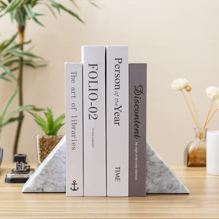 Set of 2, White Marble Bookends, Decorative Heavy Stone Triangle Design Geometric Non-Slip Book Stopper Bookends-MyGift