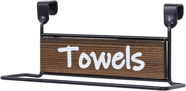 Burnt Wood and Industrial Black Metal Over Cabinet Door Kitchen Hand Towel  Bar Hanger Rack with Cursive Writing