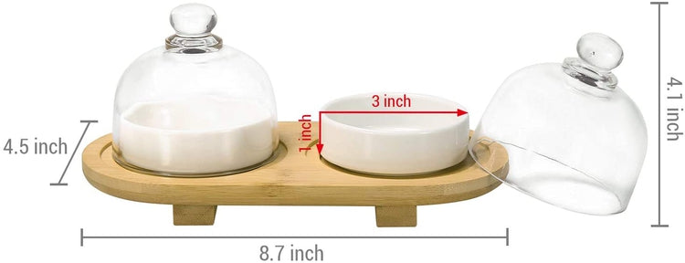 White Ceramic Condiment Snack Bowl Set with Glass Lids and Bamboo Serving  Tray