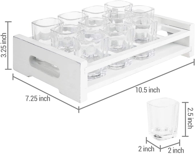 White Decorative Vintage Wood Tray w/ 12 Shot Glass Set, Home Bar