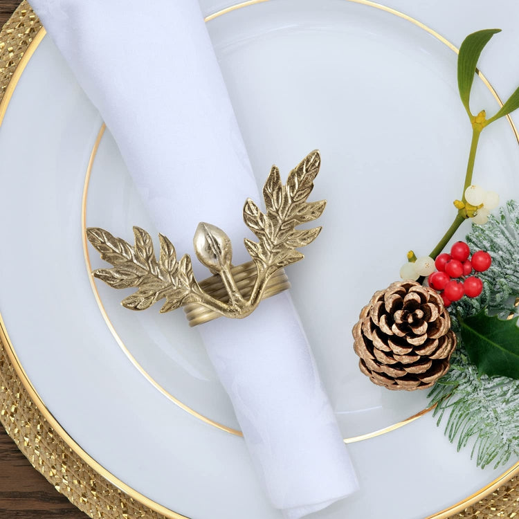 Set of 4, Olive Branch Napkin Rings, Brass Tone Aluminum Napkin Rings with Olive & Leaf Design, Cloth Serviette Holders-MyGift