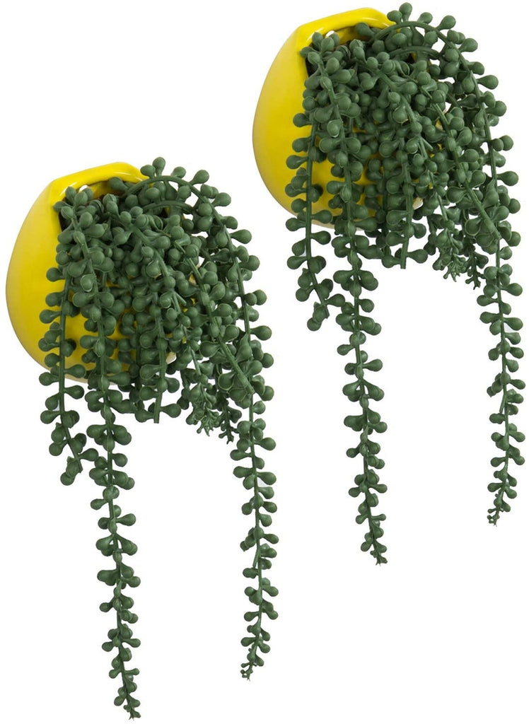 Artificial Faux String Of Pearls Plants In Yellow Round Ceramic Wall H ...