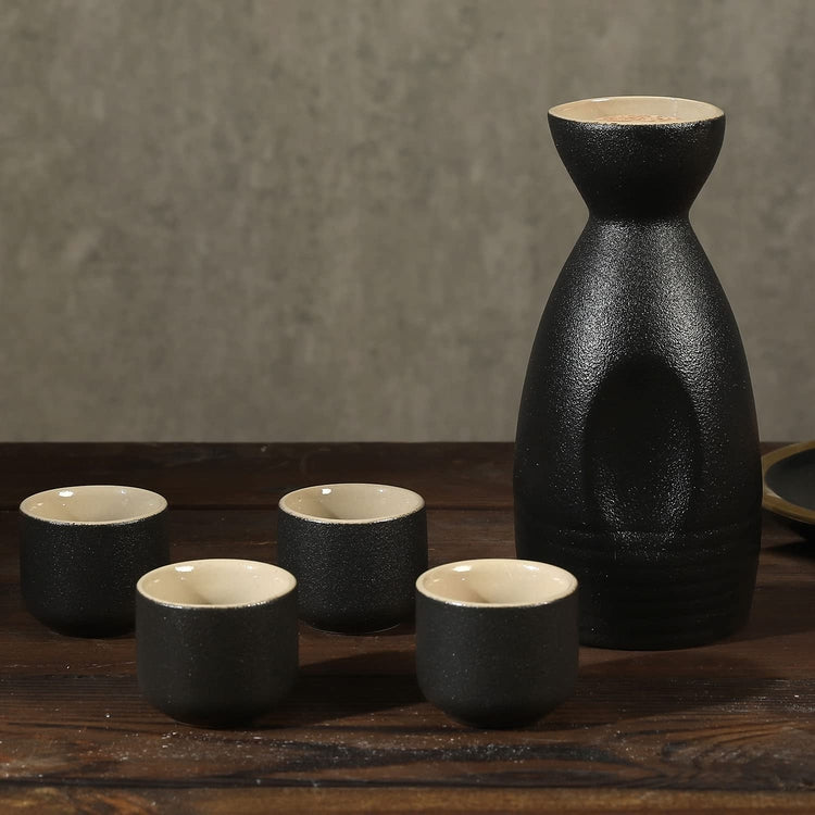 5 Piece Japanese Style Matte Black and Tan Ceramic Sake Set, Includes Carafe and 4 Glasses-MyGift