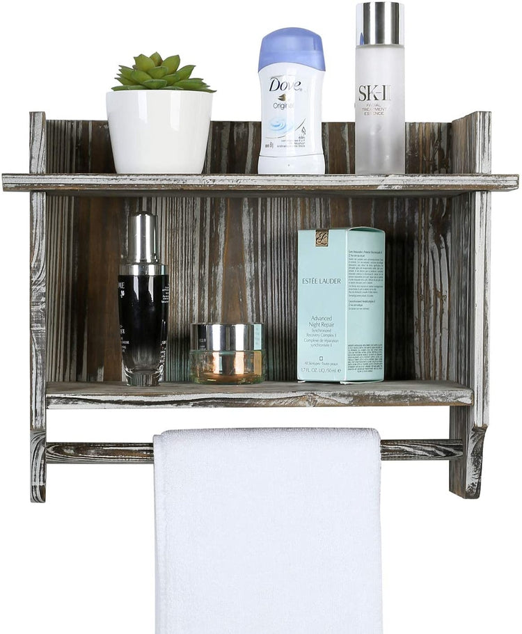 Torched Wood Bathroom Organizer, Wall Mounted Rack with 2 Shelves and Hanging Towel Bar-MyGift