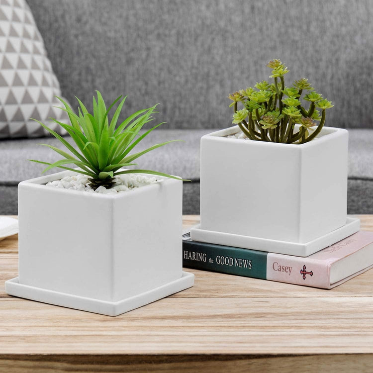 Set of 2 White Square Ceramic Planters with Matching Removable Saucers-MyGift