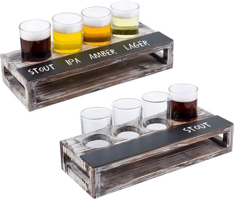 Set of 2, Beer Sampler Tray Torched Wood Serving Set with 4 Glasses and Erasable Chalkboard Label, Beer Tasting Flight-MyGift