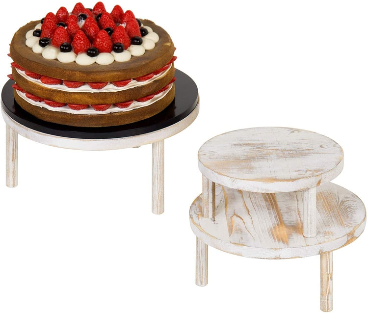 Set of 3 Round Whitewashed Wooden Cake Stand Display Risers-MyGift