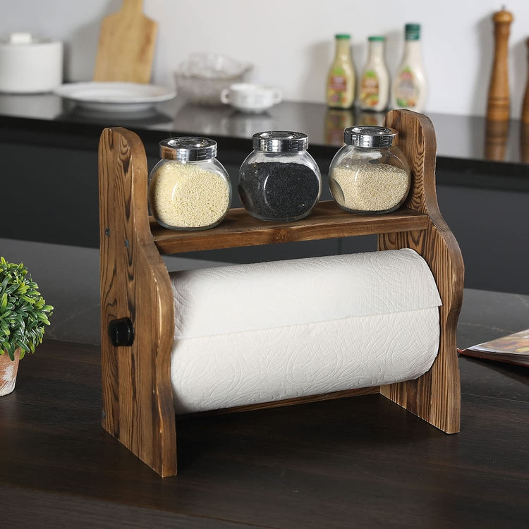 Brown Wood & Black Metal Paper Towel Roll Stand w/ Spice Rack