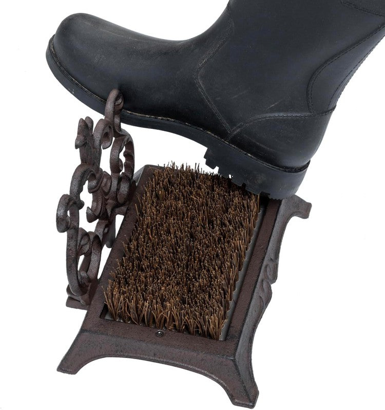 Dark Brown Cast Iron Shoe Scrubber with Vintage Baroque Scrollwork Design, Outdoor Boot Mud Cleaning Dirt Remover Brush-MyGift