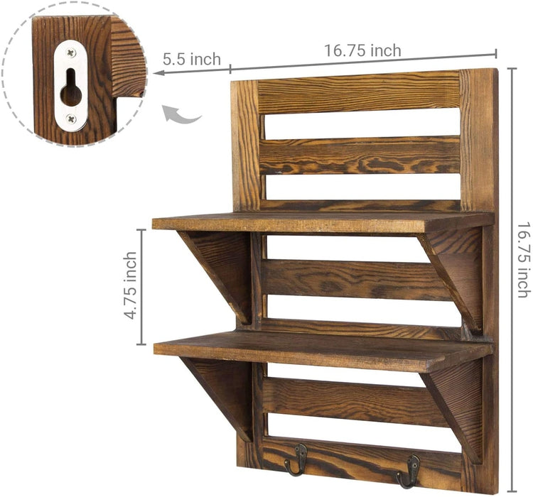 MyGift Wall Mounted Dark Brown Wood 2-Tier Floating Shelves with 2 Key Hooks, Storage Rack for Bathroom, Kitchen, Bedroom, Living Room