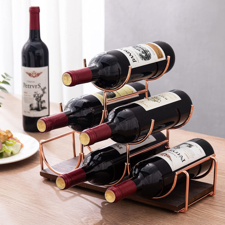 6 Bottle Rose Gold Metal Wire Stacked Wine Rack with Burnt Wood Base ...