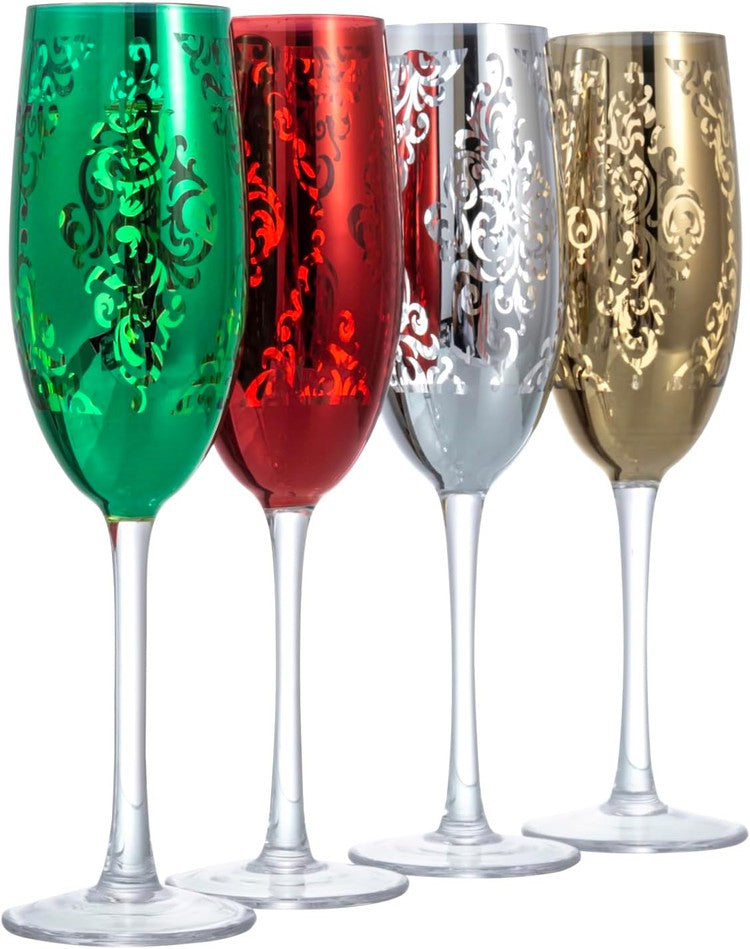 Set of 4, 6 oz Christmas Metallic Plated Stemmed Champagne Flutes, Holiday Multicolored Toasting Sparkling Wine Glasses-MyGift