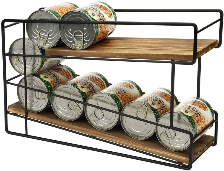 2-Tier Burnt Brown Wood and Black Metal Wire Soda Can Storage Rack, Canned Food Dispenser-MyGift