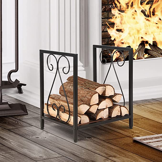 Firewood Rack Fireplace Log Holder, Matte Black Metal & Burnt Solid Wood Freestanding Stacking Lumber Stand-MyGift