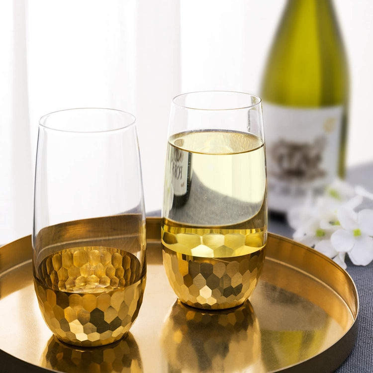 Set of 4 Modern Stemless Wine Flute Glasses w/ Hammered Brass Plated Design-MyGift