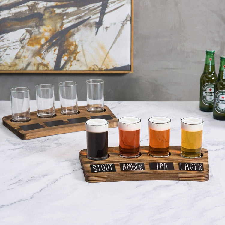 Set of 2, Dark Brown Wood 4-Glass Beer Flight Sampler Trays with Chalkboard Labels-MyGift