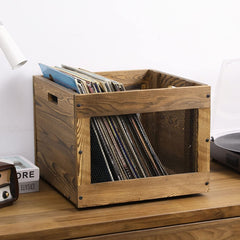 MyGift Burnt Solid Wood Record Holder, Rustic Vinyl Album Organizer Storage Crate