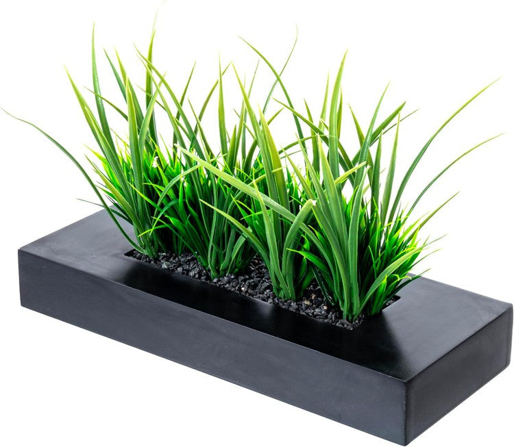 Artificial Green Grass Plants in Matte Black Wood Decorative Planter, Tabletop Rectangular Plant Pot-MyGift