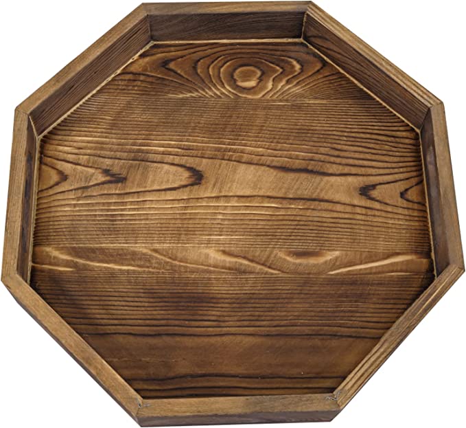 12 Inch Burnt Wood Octagon Serving Tray, Ottoman Coffee Table Tray with  Cutout Handles