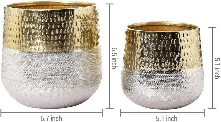 Set of 2, Round Indoor Planter Pot, Hammered Brass and Milled Embossed Silver Tone Metal Planter Vase-MyGift