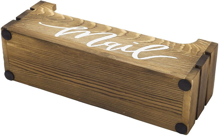 Burnt Wood Crate Style Tabletop Mail Sorter, Bin Organizer Box with White Cursive "Mail" Lettering-MyGift