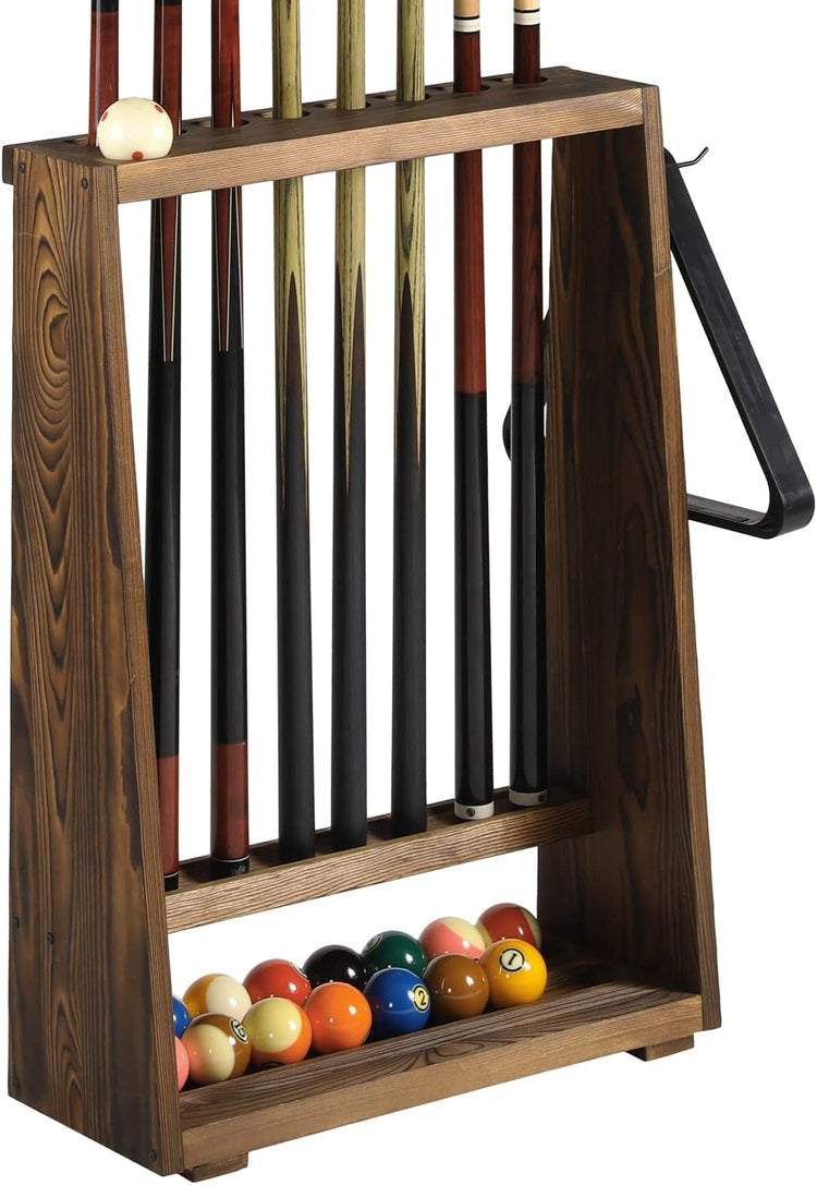 Wall Mounted Weathered Gray Wood Pool Cue Rack, Billiards Accessories Holder and Ball Storage Shelf Set