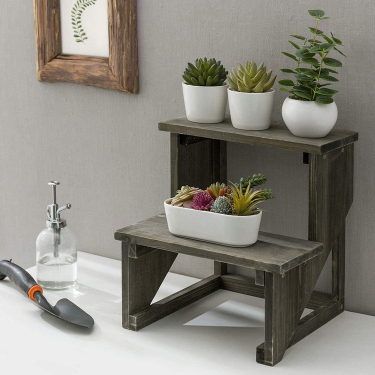 2 Tier Rustic Reclaimed Style Dark Gray Wood Flower Pot Planter Stand Riser Display Shelf-MyGift