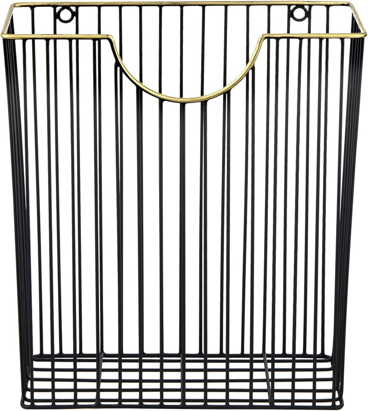 Art Deco Style Matte Black Metal Wire Magazine Rack with Brass Tone Rim, Wall Mounted Holder Storage Basket for Mail-MyGift