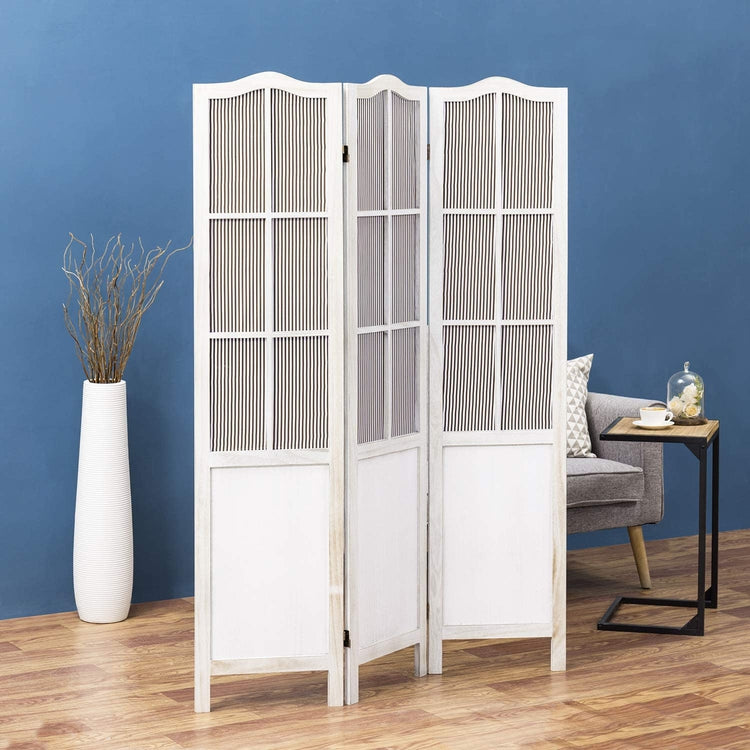 3-Panel Whitewashed Wood Parisian Style Room Divider with Vertical Str ...