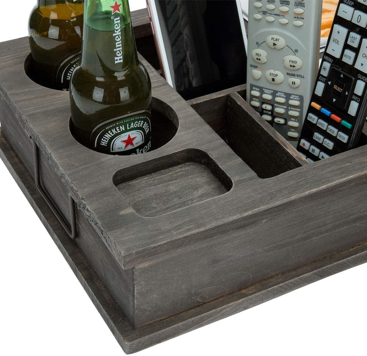 MyGift Vintage Gray Wood All-In-One Snack Caddy with Remote Control, Phone and Cup Holders