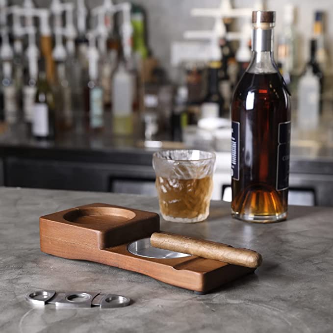 Wood Cigar Holder with Silver Metal Ashtray and Scotch Glass Wooden Coaster  Tray, Cigar Whiskey Accessory Set
