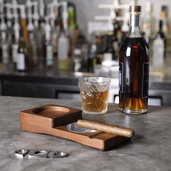 Wood Cigar Holder with Silver Metal Ashtray and Scotch Glass