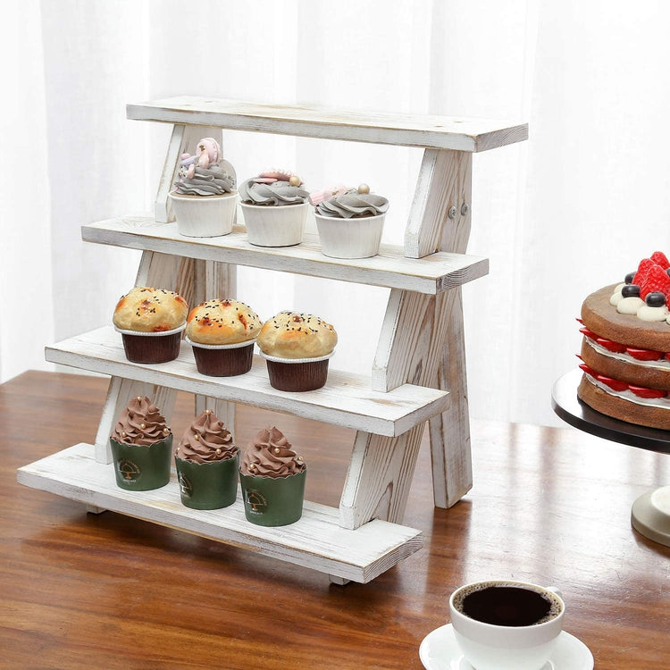 4 Tier Cascading Whitewashed Wood Retail Stair Shelf Display Riser, Cupcake Dessert Stand-MyGift