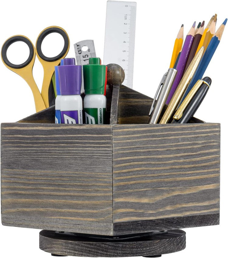 Gray Solid Wood Geometric Pentagon Shape Pen Holder and Office Stationery Storage Organizer-MyGift