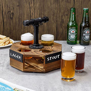 Burnt Solid Wood Octagon Beer Flight Serving Caddy with Metal Pipe Handle,Beer Glasses and Chalkboard Label Panel-MyGift