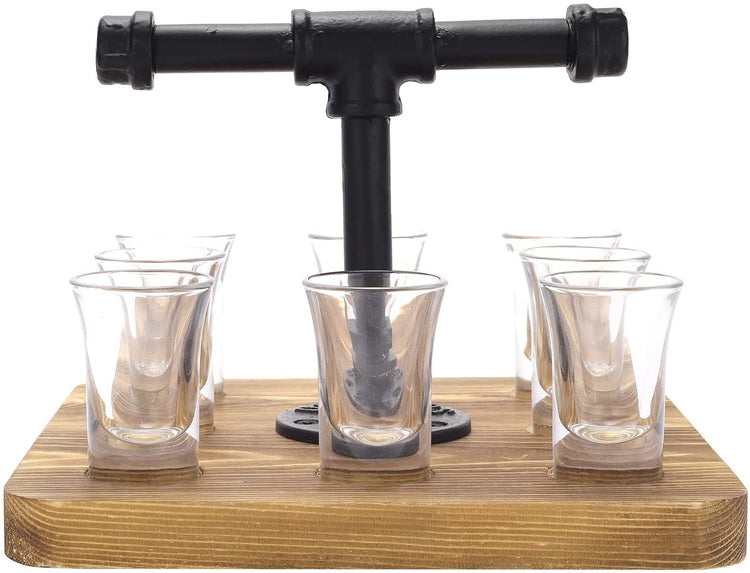 9-Piece Burnt Wood Shot Glass Serving Tray Set with Industrial Pipe Handle, Includes 8 Shot Glasses-MyGift